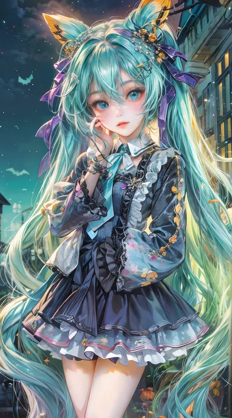 Absurdres masterpiece HDR high quality picture of Hatsune Miku, very young age girl 14 years old with detailed face, simple hair design , beautiful face, hands on waist and hands are hiding in her hair and clothes , very long hair, ((random hair style:1 ))...