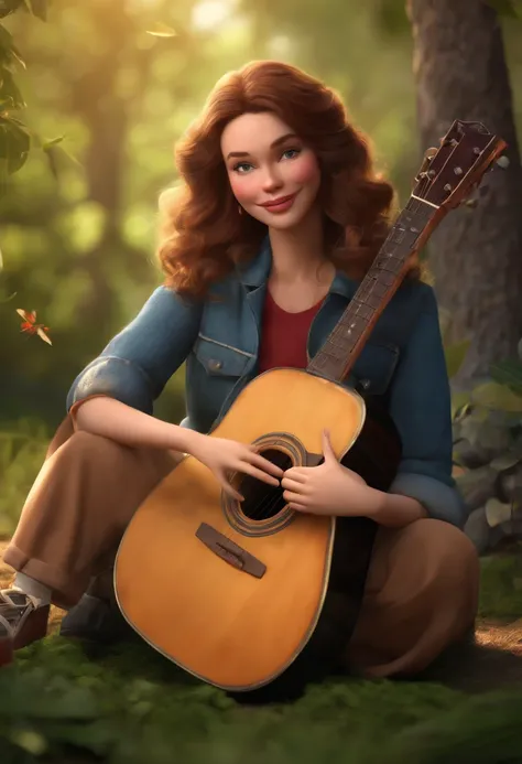 (best quality, highres, ultra-detailed, realistic:1.37), vibrant colors, Pixar-style image, 3D character, composer, writing music, recording studio, acoustic guitar, moral hits compositions, inspirational scenery