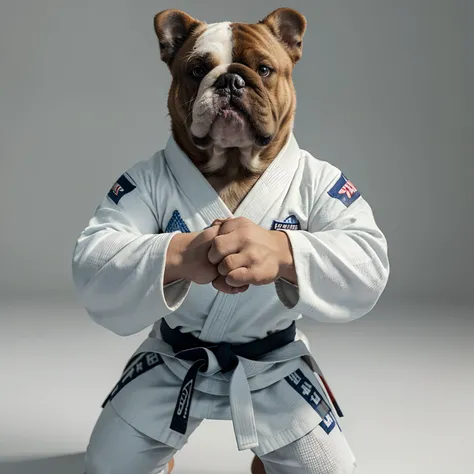 best quality, masterpiece, 3d Pixel design, extremely detailed CG unity 8k wallpaper, Bulldog wearing a jiu-jitsu kimono in fight position with a white background