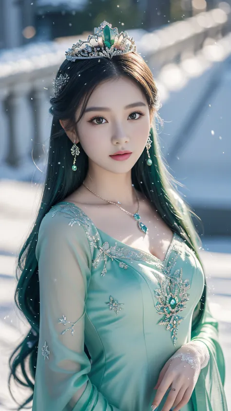 There was a woman in a green dress，Wearing a necklace,((a beautiful fantasy empress).inspired by Sim Sa-jeong，Azure.detailed hairs,winter snow falling princess,LCE Princess,Guvez-Steville artwork,8K)),fantasy aesthetic!.Guviz,Ice Queen,8k high-quality deta...