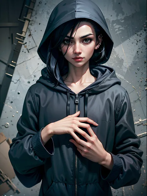 Character with black hair spiky fingers and a grim reaper hoodie