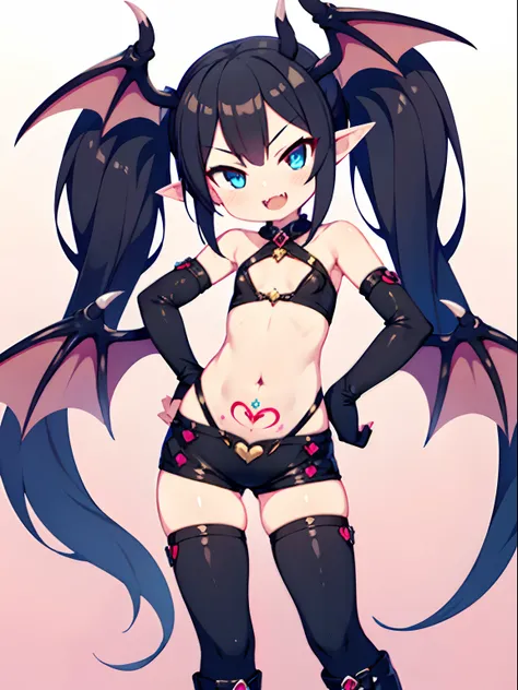 tachi-e, game cg, Highly detailed and realistic CG, Colorful, Masterpiece, Best Quality, jewel-like eyes, 1girl, solo, black hair, shiny hair, long straight hair, very long twintails, slender, skinny legs, succubus girl,succubus costume, hot pants, succubu...