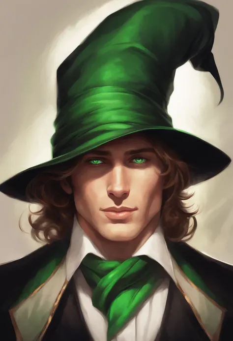 Drawing of a man with one green scarf, with glowing green eyes, portraite of a, magician, with a wizards hat, Short Hair Hair, head turned slightly to the side, Brown hair. Dramatic