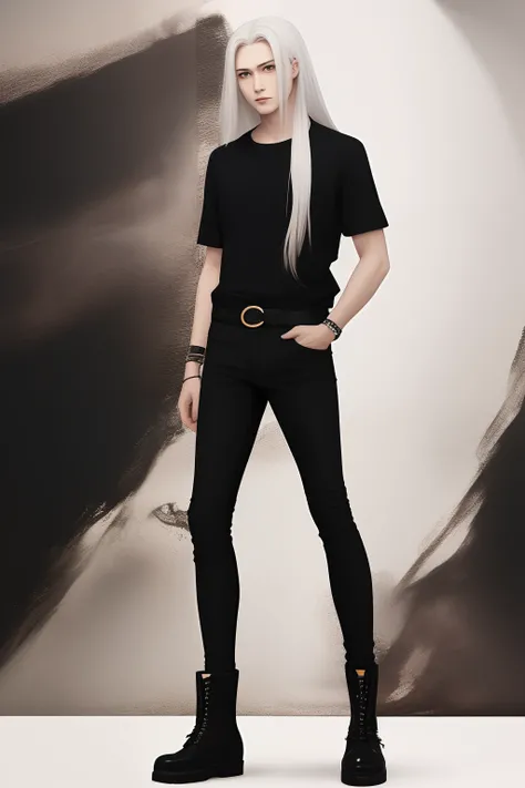 Pretty anime guy with long white hair, black shirt, black skinny jeans, studded belt and black fur boots