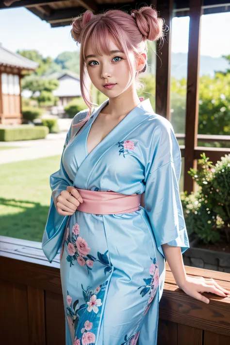 (masterpiece, best quality, beautiful girl, solo, gardeniass, 8k, official art, raw photo, detailed Blue eyes, full Pink Hair, 2 buns, classic yukata, teen, shy, medium curvy body, blue eyes, soft smile