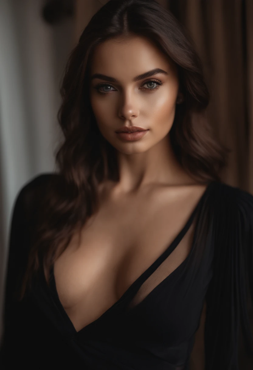 arafed woman with black clothes, sexy girl with brown eyes, portrait sophie mudd, dark brown hair and large eyes, selfie of a young woman, bedroom eyes, violet myers, without makeup, natural makeup, looking directly at the camera, face with artgram, subtle...