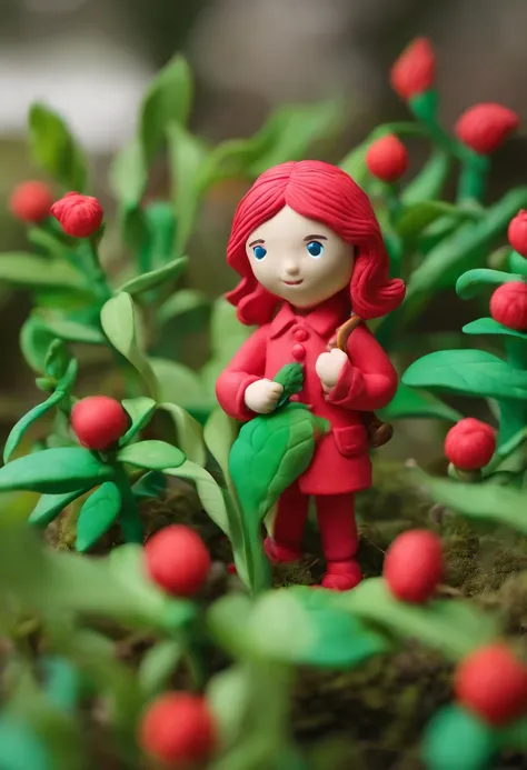 In the green fields，There was a little girl in a red dress，He has long red hair，vivid and vibrant，Holding a peppercorn plant in his hand