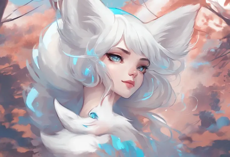 White Fox Girl　Fox ears　light skinned　Light blue eyes　komono　Hairstyle is bob