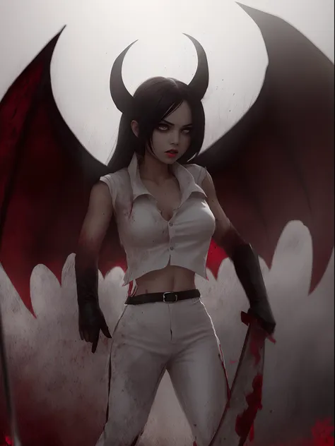 full body a girl motion, devil girl with bat wing,blood mouth,angry eyes,holding a blood big iron sword, white shirt black pants...