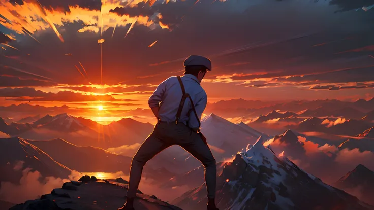 the sunset，eventide，Suspenders，standing atop a mountain peak，mtu