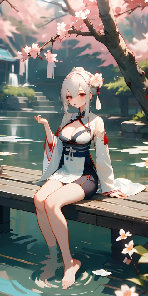 Hanfu, 1girl in, medium breasts, cleavage, mont, Soaking the feet, Sitting, chinese park background,white thighhig,clear water,(Feet:1.3), Too many flowers,