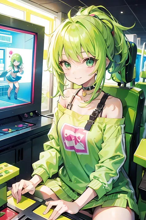 Lime Green Hair, Anime Girl playing in an arcade, smiling