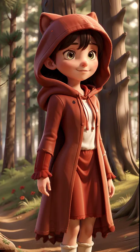 best quality, masterpiece, red riding hood, cute young woman, red cape with hood, (very big wolf lurking in the background), thin depth of field, lush pine forest, colorful, vibrant, soft tones, clean lines, natural lighting