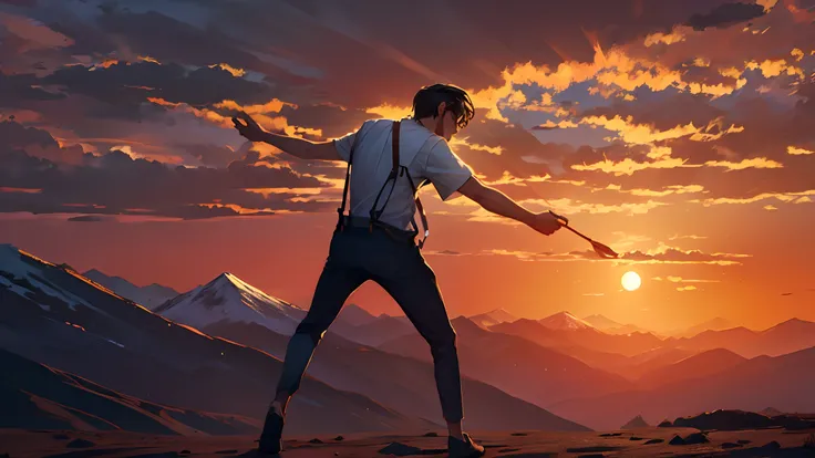 the sunset，eventide，Suspenders，Stand on top of the mountain with your feet，Boy student