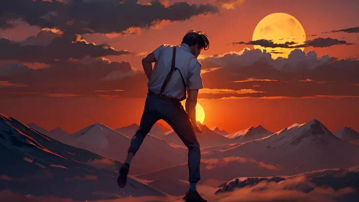 the sunset，eventide，Suspenders，Stand on top of the mountain with your feet，Boy student，turning around