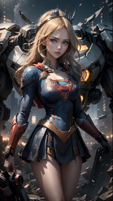 ((Best Quality)), ((Supergirls Masterpiece)), (Very Detailed: 1.3), 3D, Shitu-mecha, Beautiful cyberpunk woman wearing crown with her ruined mecha of a forgotten war city, long blonde hair, blue eyes, superman S symbol on chest, sci-fi technology, HDR (Hig...