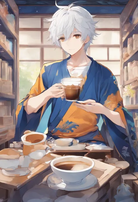 A cute boy is drinking milk tea，White hair，Golden pupils，Small mouth，Brown skin，Dressed in a blue shirt