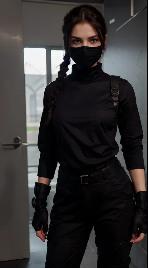 Woman, purple eyes, wearing a ninjaskin mask, wearing a military uniform, black slightly brownish hair, woftcut hairstyle, Hair tied, holding a weapon, full body, beautiful, good resolution, HD