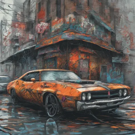 Muscle Car colorée, Ville dystopique grisée, souffler des couleurs hors de son tuyau d’échappement, Redonner de la couleur à la ville, illustration, ultra-détaillée, Réaliste, couleurs éclatantes, éclairage de studio, Paysage urbain, Haute résolution, Hdr,...