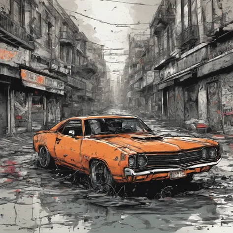 Muscle Car colorée, Ville dystopique grisée, souffler des couleurs hors de son tuyau d’échappement, Redonner de la couleur à la ville, illustration, ultra-détaillée, Réaliste, couleurs éclatantes, éclairage de studio, Paysage urbain, Haute résolution, Hdr,...