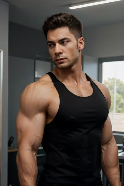 full body hyper realistic image of a muscular man with a black tank top looking straight