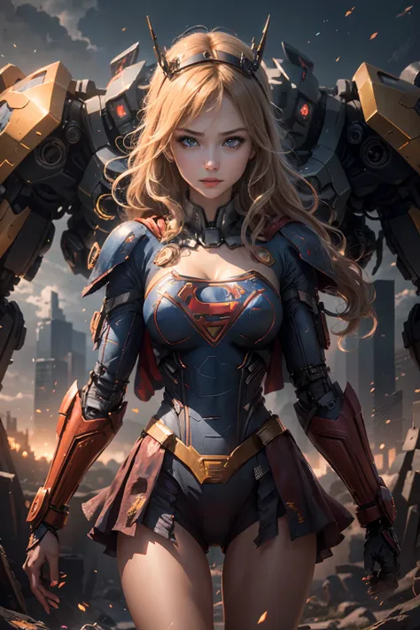 ((Best Quality)), ((Supergirls Masterpiece)), (Very Detailed: 1.3), 3D, Shitu-mecha, Beautiful cyberpunk woman wearing crown with her ruined mecha of a forgotten war city, long blonde hair, blue eyes, superman S symbol on chest, sci-fi technology, HDR (Hig...