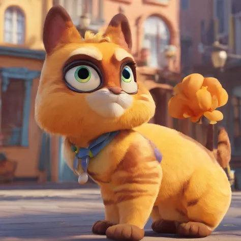 Crie um personagem estilo Pixar, gatinho tigrado, olhos amarelos, bigodes grandes, garras afiadas, usando coleira, Strolling in the square