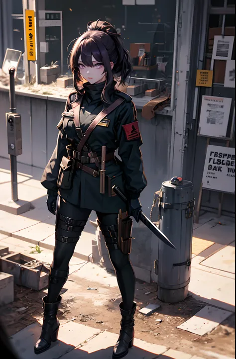 Woman, purple eyes, wearing a ninjaskin mask, wearing a military uniform, black slightly brownish hair, woftcut hairstyle, holding a weapon, on the battlefield, full body, beautiful, good resolution, HD