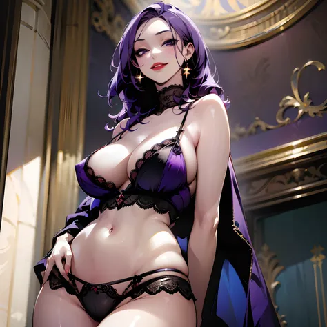 ((masterpiece)), ((best quality)), ((hd)), ((extremely detailed)), ((perfect face)), black lingerie, ((massive breasts)), bare s...