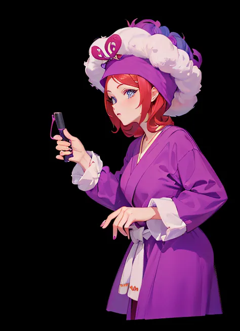 The red-haired charter woman has a curling iron on her head, saggy purple robes, portrait of megara, as a pixar character, cartoon digital painting, Inspired by Daphne McClure, depicted as a pixar character, garbed in a purple gown