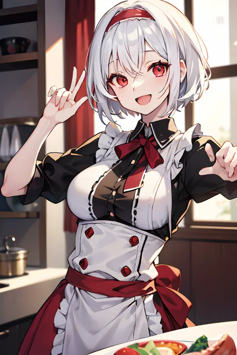 Alice, Anime art style, 1girll, Solo, Breasts, Looking_at_peeping at the viewer, Smile, short_Hair, Open_Mouth, Large_Breasts, Red_Eyes, Hair_between_Eyes, The upper part of the body_Body, White_Hair, :D, Blurry, Chef