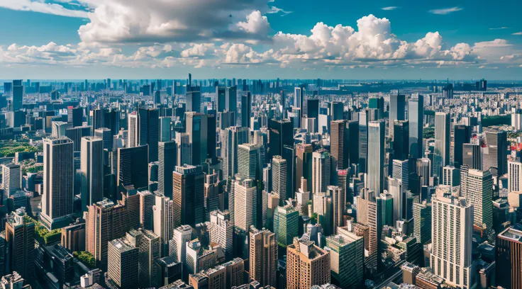 tokyo scenery, Buildings, Buildings lined up, Aerial view, Scenery seen from the sky, Wide sky, Distant landscape, cloudy ash sky, Ultra-Wide Angle, panorama, 4K, high details, award winning