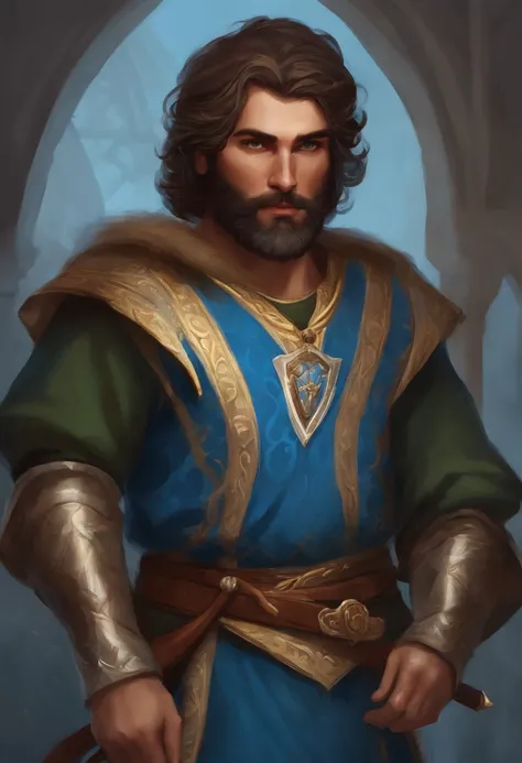 Homem Arafed com uma coroa azul e manto, rei medieval ruivo e grisalho, barba ruiva, barba rala, idade 50 anos, short hair, Retrato do Imperador da Humanidade, Personagem altamente detalhado, painted in high resolution.