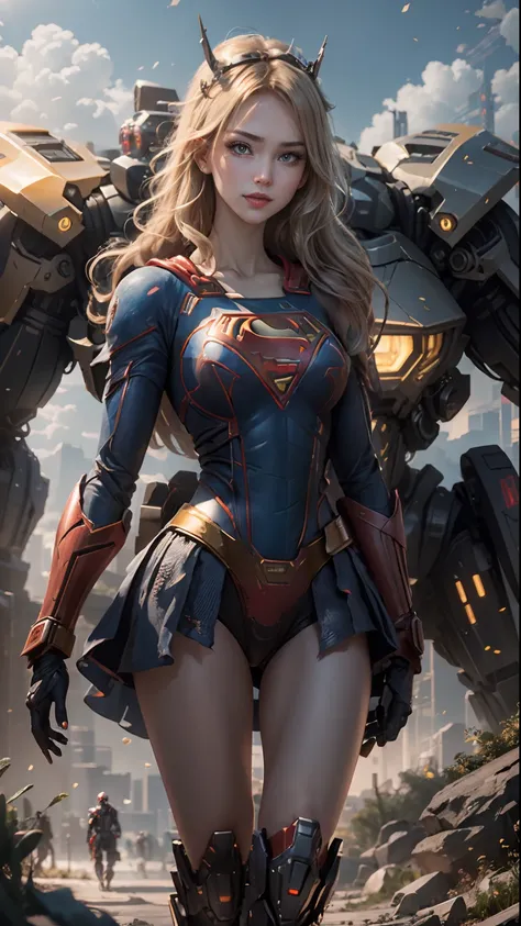 ((Best Quality)), ((Supergirls Masterpiece)), (Very Detailed: 1.3), 3D, Shitu-mecha, Beautiful cyberpunk woman wearing crown with her ruined mecha of a forgotten war city, long blonde hair, blue eyes, superman S symbol on chest, sci-fi technology, HDR (Hig...