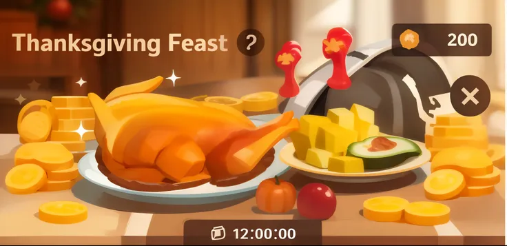 Thanksgiving sumptuous dinner Tables full of food Close-up of a plate of food，Grilled chicken on top, steak, ham, fruit, stylized flat colors, high quality low-poly artwork, stylized game art, Stylized art, paper craft low poly, looks realistic, in game gr...