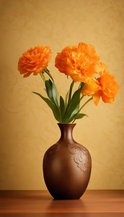 birthday photography wallpaper, Luxurious design, light yellow walls, has an embossed pattern, vase in brown left corner, vase in the orange right corner, Happy birthday inscription in the middle,