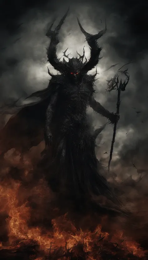 (Best quality,A high resolution:1.2),(Dark,menacing:1.1),(sinister:1.1),(Devil,satan,Lucifer:1.1),(The demons:1.1),(Ominous,Foreboding:1.1),(Powerful figure:1.1),(Red glowing eyes,Sharp teeth:1.1),(Black wings,Thick,Tattered:1.1),(Hell landscape:1.1),(Fire...