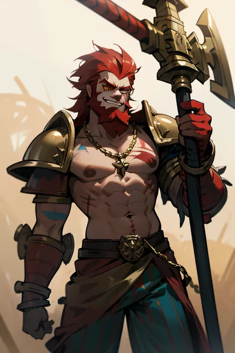 warhammer fantasy, dawrf slayer, red mahawk, red beard, no armor, blue and white striped pants, golden chain in the nose, scars on the face, corpsepaint on the face, smirkish grin, mocking, poisture, giant circus hammer