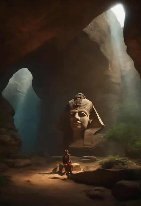 In the cave there is a statue of a man in a hat, cinematic cgsociety, in the art style of quetzecoatl, still image from the movie, Ruins of a giant head, inspired by Karel Dujardin, inca themed smooth, travel ad, witness