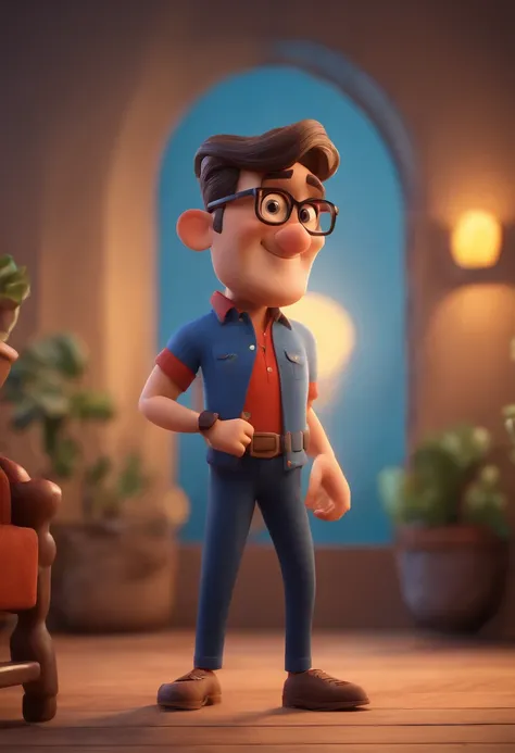 Cartoon character of a man wearing black glasses and a blue shirt, um personagem animado, Caractere estilizado, animation style rendering, 3D estilizado, Arnold Maya render, 3 d render stylized, toon render keyshot, Personagem 3D, Personagem 3D, 3d renderi...