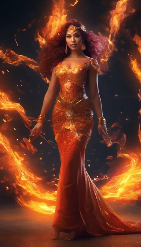 Indonesian Girl playing with fire, ablaze with intensity, Glowing embers, Swirling smoke, Mesmerizing action, Flowing red hair, sparks flying, Fearless expression, Dark background, Intense lighting, Fiery atmosphere, dynamicposes, Dangerous beauty, Fascina...