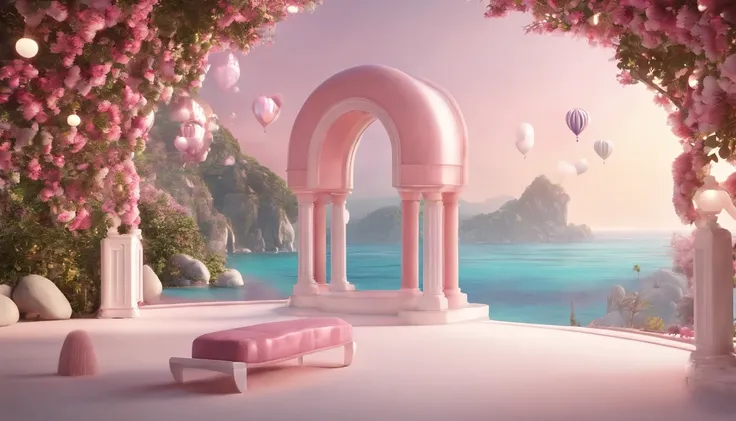 There is a pink and white arch，With balloons and benches, pink zen style, pink landscape, dreamy scenes, looking out at a pink ocean, 3 d render stylized, stylized 3d render, surreal 3 d render, bubbly scenery, surreal dream landscape, 3 d stylize scene, s...