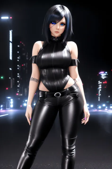 25-Year-Old Woman, Full Body, Adult, ((standing:1.4)), (confident gaze:1.1), short bright neon streaked black hair, ((realistic highly detailed eyes:1.4)), ((seductive pose:1.2)), black eyeshadow, (street style wear:1.2), ((tight fitted pants)), ((knee hig...