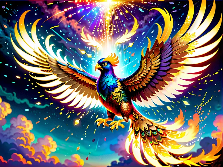 ((Pixar style digital code program phoenix illustration:1.2)), (flying in the sky with stunning pose:1.3), ((sparkling light falling down:1.3)), (((elegance and integrity wish:1.3))), dark rich colors of beautiful pixel glow, (((intricate insane details:1....