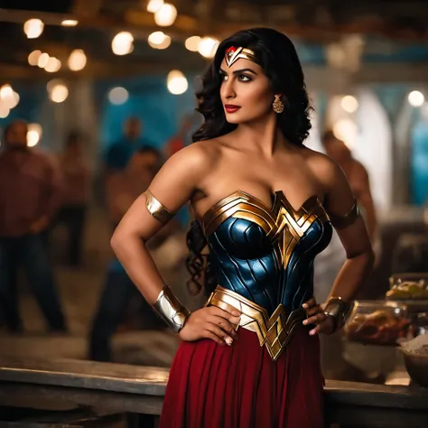 A hot busty savita bhabhi in wonder woman costume surrounded by men in market, showing belly, navel, seducing, bhabhi takes shower with them, bhabhi bathes with them, they grab her breast, bhabhi lust full expression, Cleavage, fully wet body