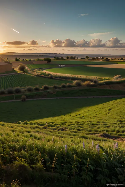 campo de cereales al atardecer, paisaje realista, HD photography, tonos verdes, cielo despejado