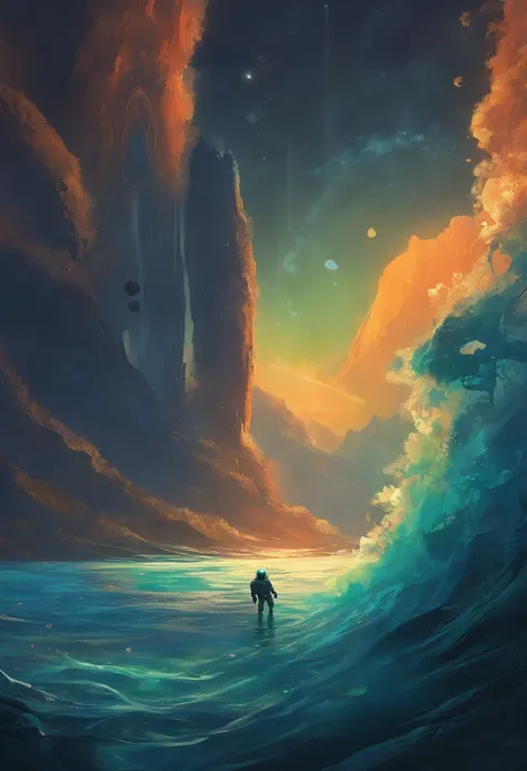 An astronaut swimming in the ocean, with their spacesuit glowing in the darkness in a digital illustration style, reminiscent of the works of Alex Andreev. The scene depicts the astronaut, weightlessly navigating through the deep blue ocean, their suit ema...