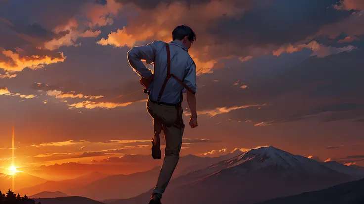 the sunset，eventide，Suspenders，Stand on top of the mountain with your feet，Boy student，Turning around