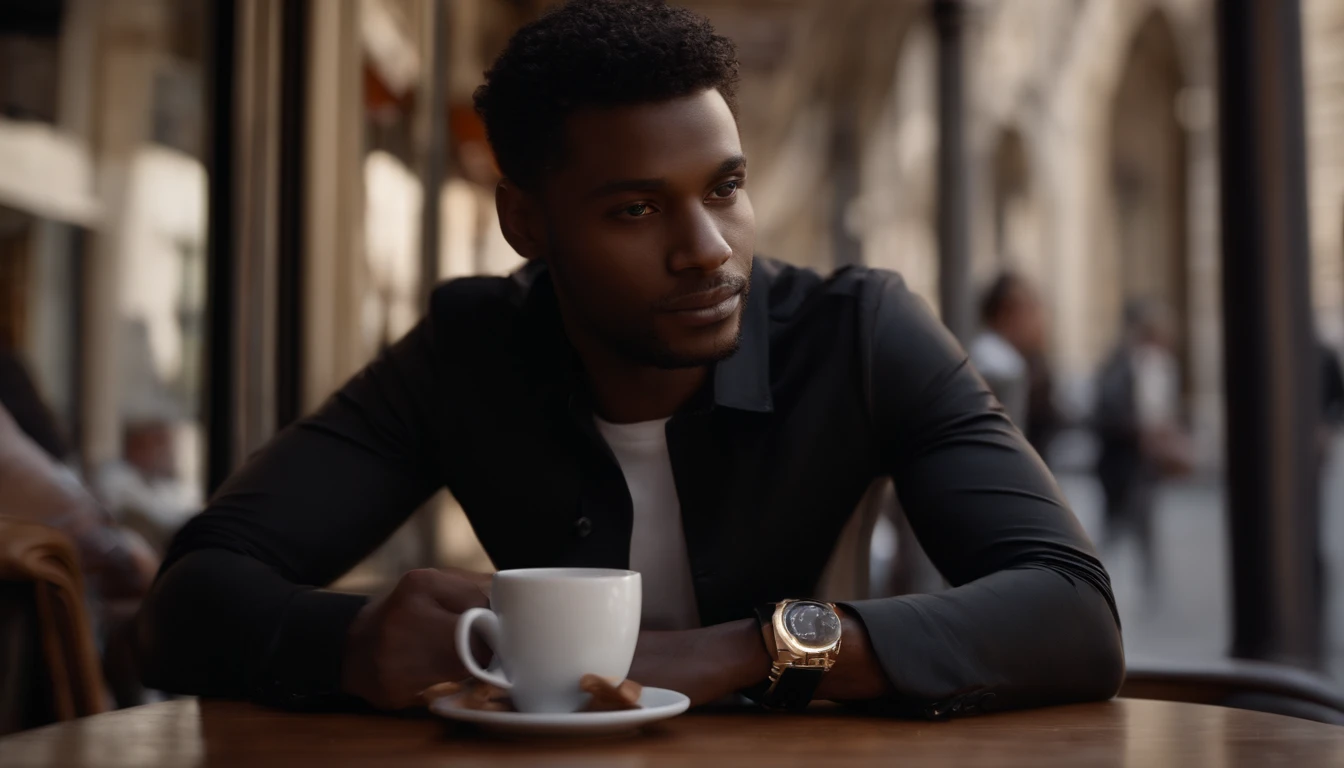 Models, male, dark skinned, cheveux mi-longs, dark brown eyes, Tshirt noir, Pantalon marron formel, chaussures noires formelles, Enjoy a cup of coffee, Outside the café,paris,eye contact midi, pov 1:5, very realistic, Realstic