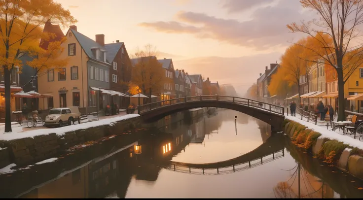 November, New England Town, vintage streetscape, warm hues, cobblestone, wooden storefronts, sunrise, burgundy leaves, people in cozy scarves and woolen coats, coffee, paper bags, cold, bookstore window, cozy cafe, glistening river, historic bridge, misty ...